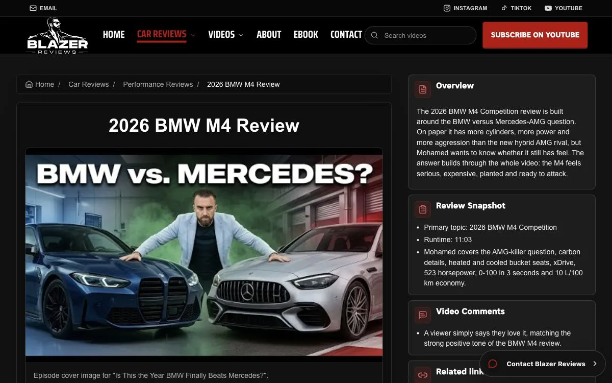 Blazer Reviews 2026 BMW M4 review page with video cover image and review summary