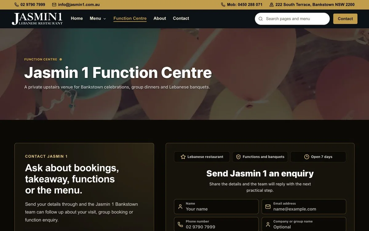 Jasmin 1 Bankstown function centre page with event details and enquiry form