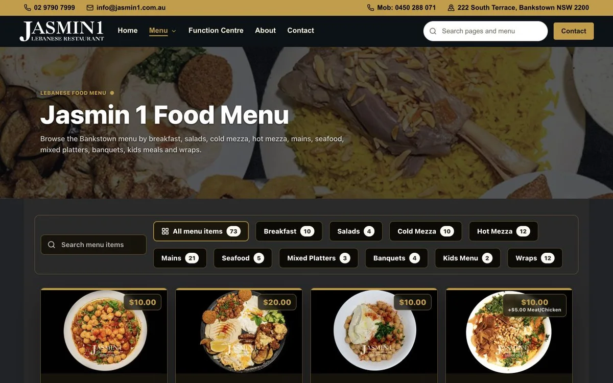 Jasmin 1 Bankstown searchable Lebanese food menu with dish categories and prices