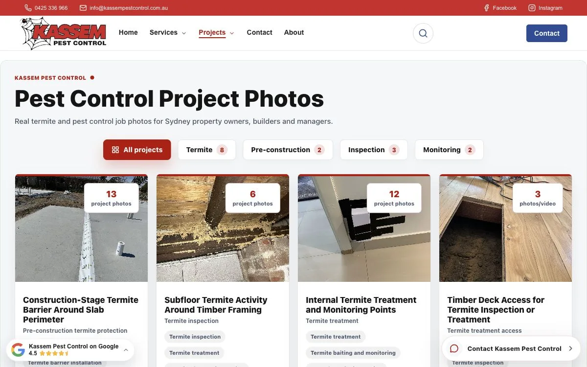 Kassem Pest Control project showcase page with pest control job photo cards