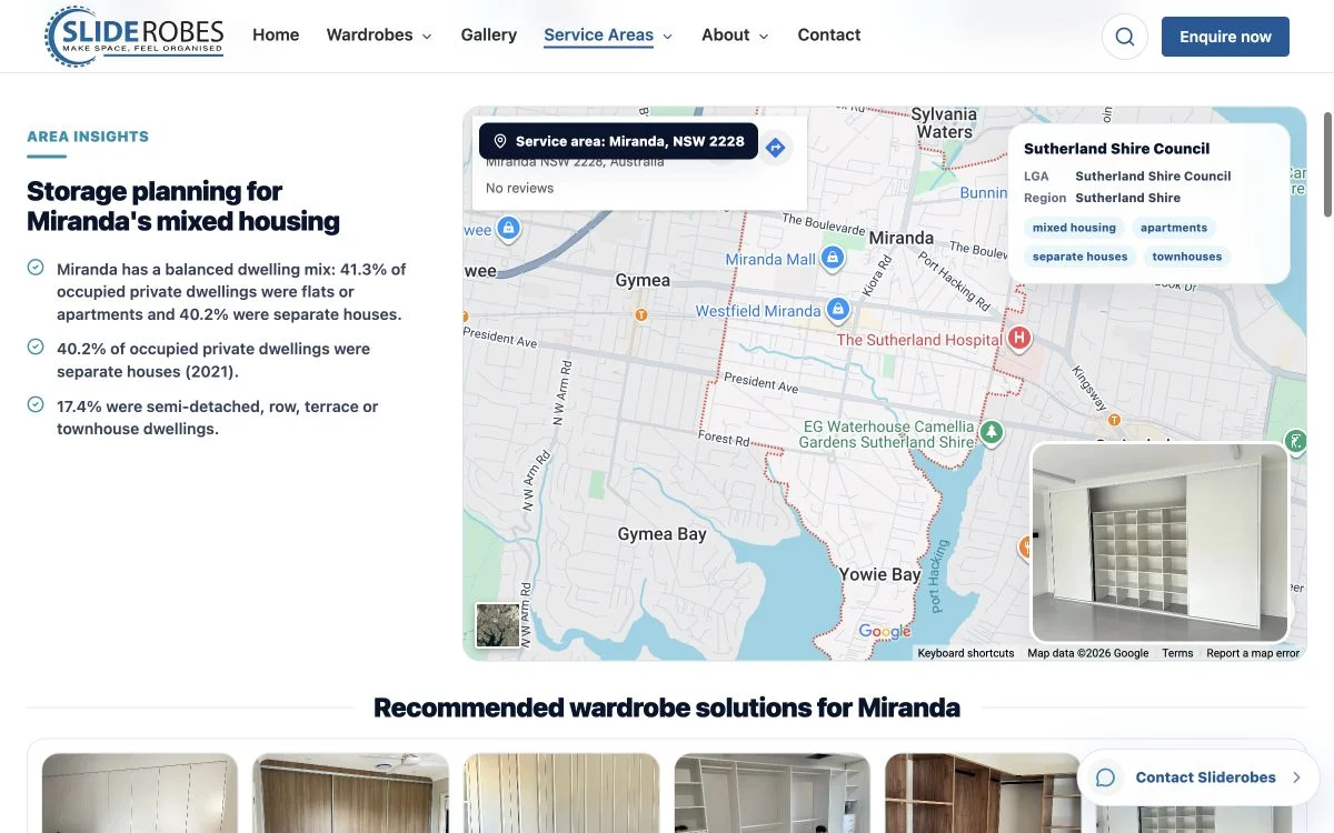 Sliderobes built-in wardrobes Miranda local service page