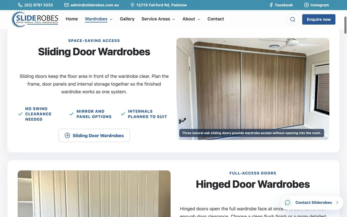Sliderobes wardrobes page with built-in, sliding, hinged and walk-in wardrobe options